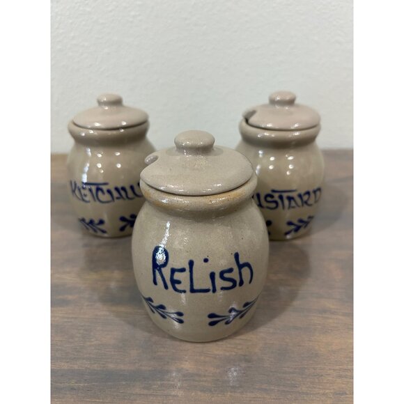 Vintage BBP Beaumont Brothers Pottery Condiment Jars Crocks Relish Mustard Ketch - Picture 1 of 8
